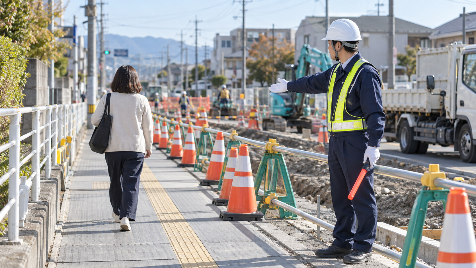 歩行者を案内する警備員のAIイメージ